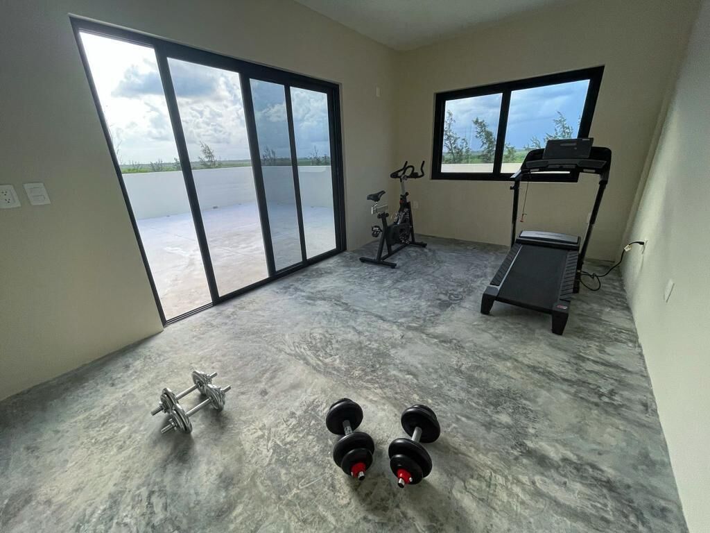 A gym with a treadmill, exercise bike, and dumbbells.
