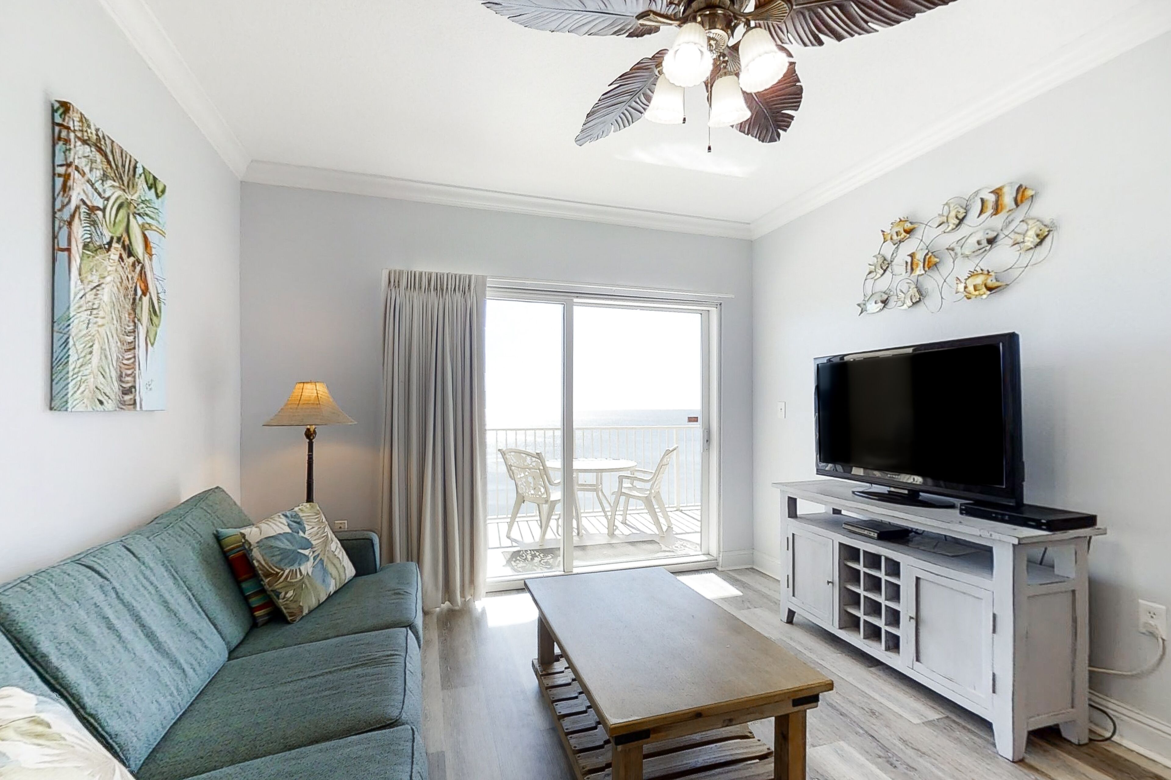 TV, DVD player, foosball, books