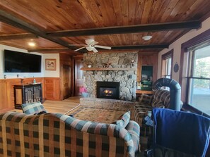 Smart TV, fireplace, DVD player, books