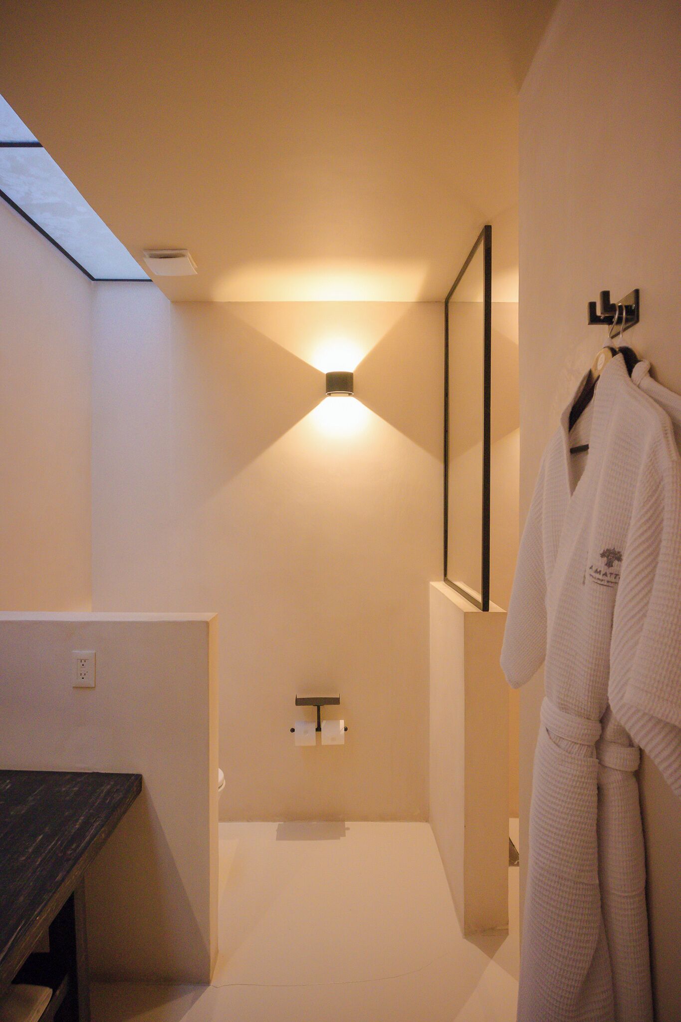 junior room | bathroom | shower, rainfall showerhead, hair dryer, bathrobes