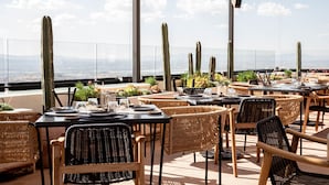 An outdoor dining area with wicker chairs and tables, cacti, and a view of the landscape. - Hotel Amatte San Miguel de Allende (San Miguel de Allende)