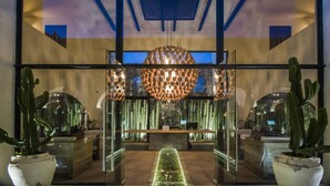A reception area with a modern chandelier, glass partitions, and potted cacti. - Hotel Amatte San Miguel de Allende (San Miguel de Allende)