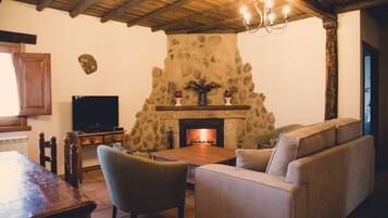 Televisión, chimenea, reproductor de DVD y futbolito