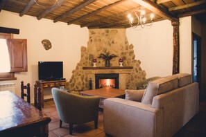 Televisión, chimenea, reproductor de DVD y futbolito 