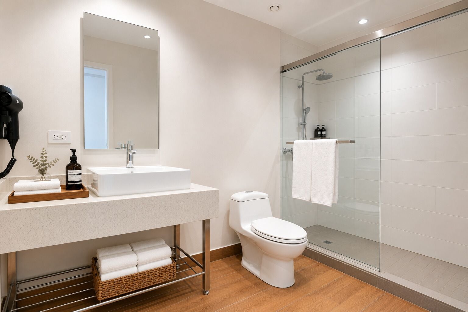 Un baño moderno con lavamanos, espejo y retrete blancos, cabina de ducha de vidrio y suelo de madera.