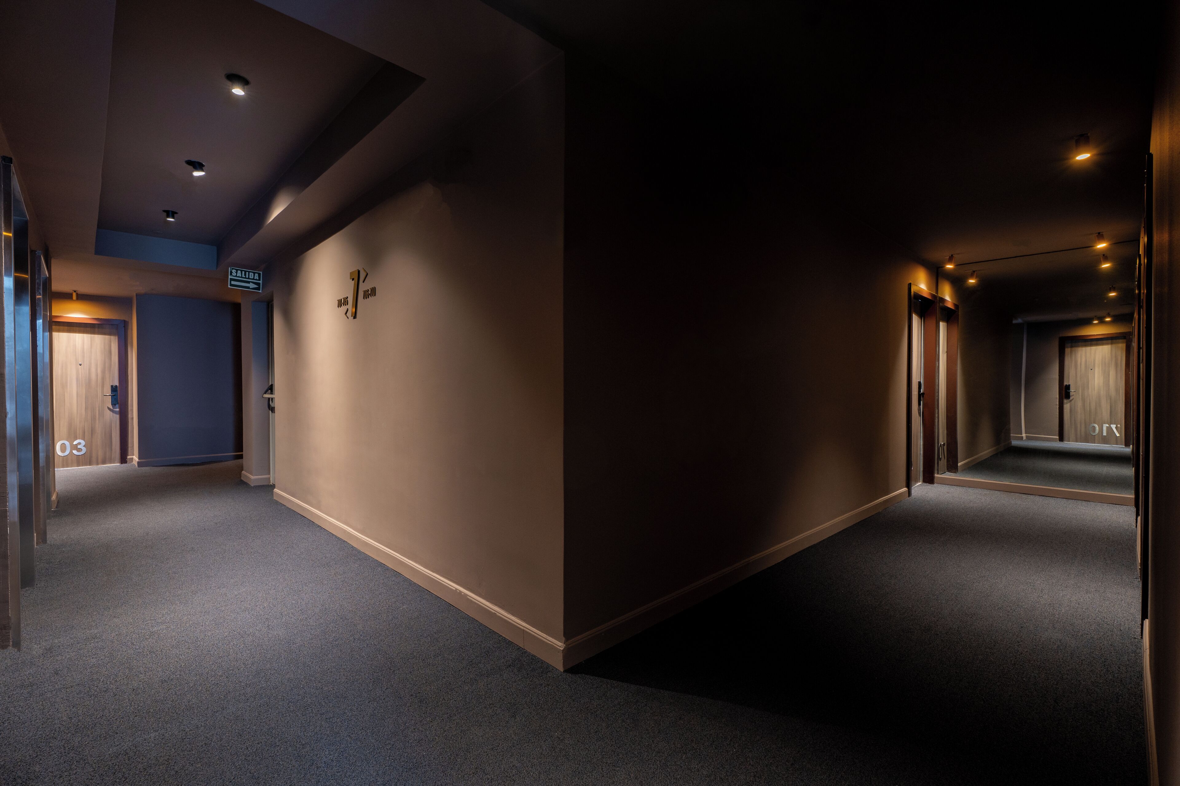 A hallway with a carpeted floor, a door labeled 'SALIDA,' and a wall-mounted sign.