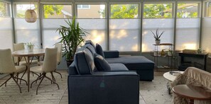 Smart TV, fireplace, books