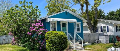 A small blue house with a white porch and steps, surrounded by a white picket fence, trees, and flowering bushes.