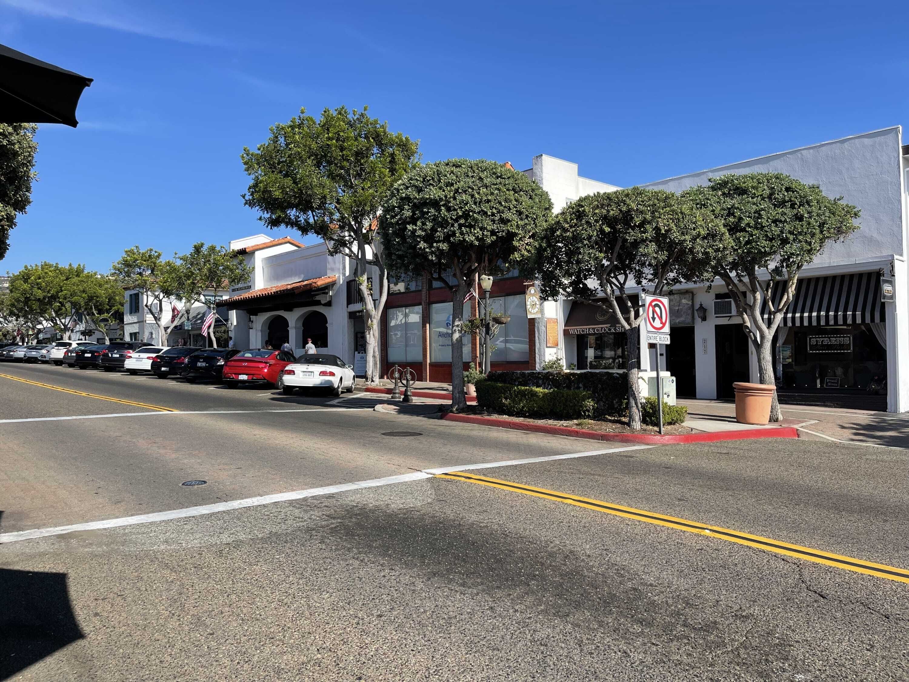 A street view with parked cars, a no parking sign, and buildings with storefronts.