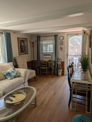 Smart TV, fireplace, DVD player, books