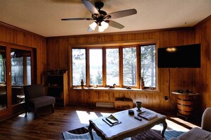 TV connectée, cheminée, livres