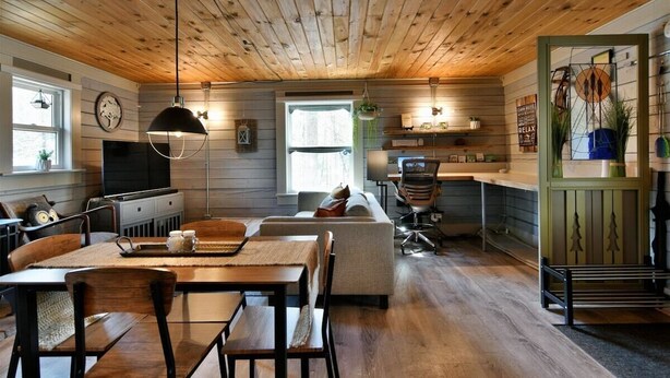 Interior acogedor de una cabaña con comedor, sofá, televisor y zona de cocina con estantes y una planta colgante.