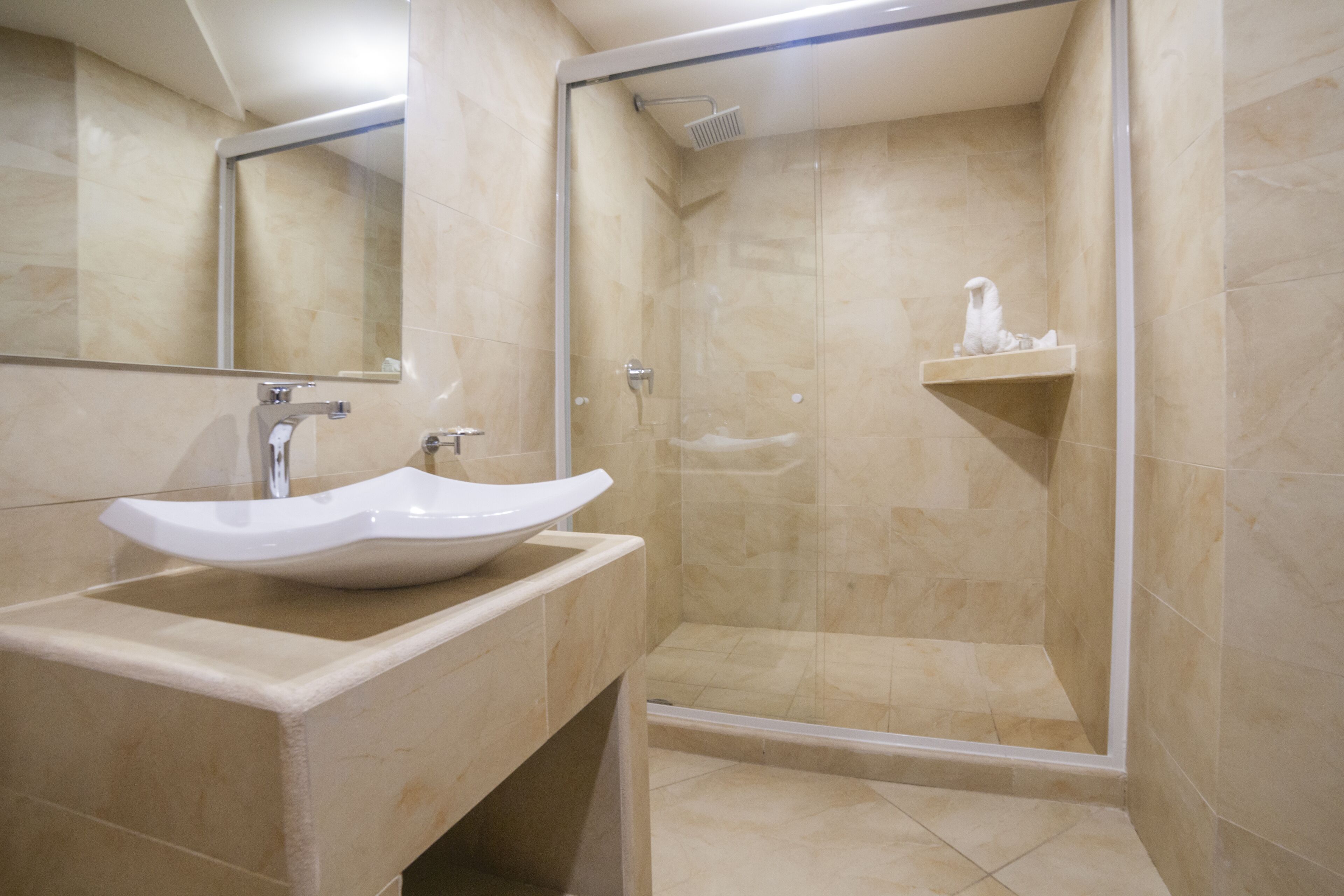 double room, 2 double beds | bathroom | shower, rainfall showerhead, designer toiletries, towels