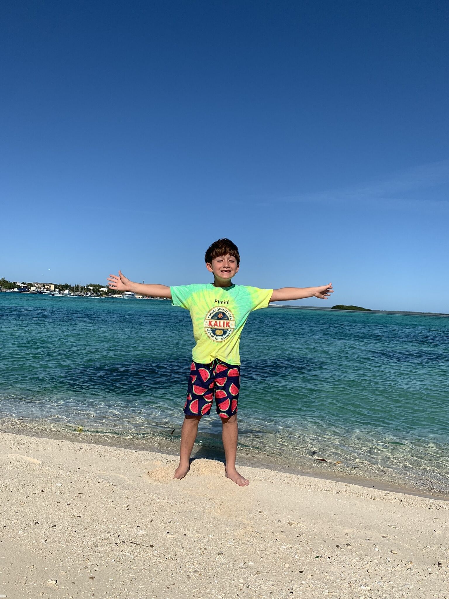 A person standing on a beach with arms outstretched, wearing a t-shirt and shorts.