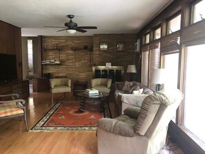 TV connectée, cheminée, livres, chaîne hi-fi