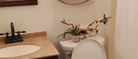 Combined shower/bathtub, towels, soap, shampoo