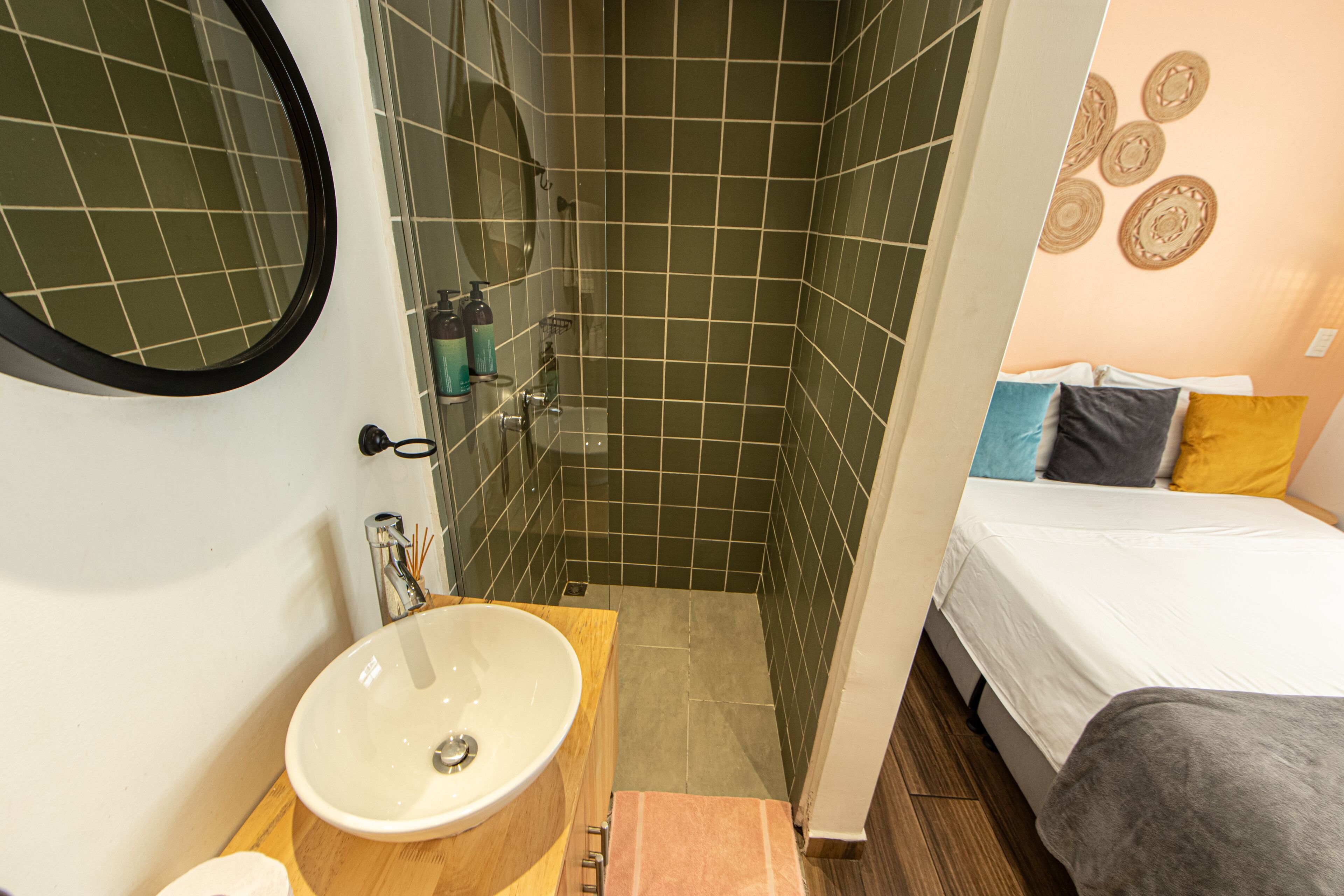 standard double room | bathroom | shower, hair dryer, towels, soap