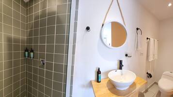 Un baño moderno con ducha, lavamanos con espejo y retrete.