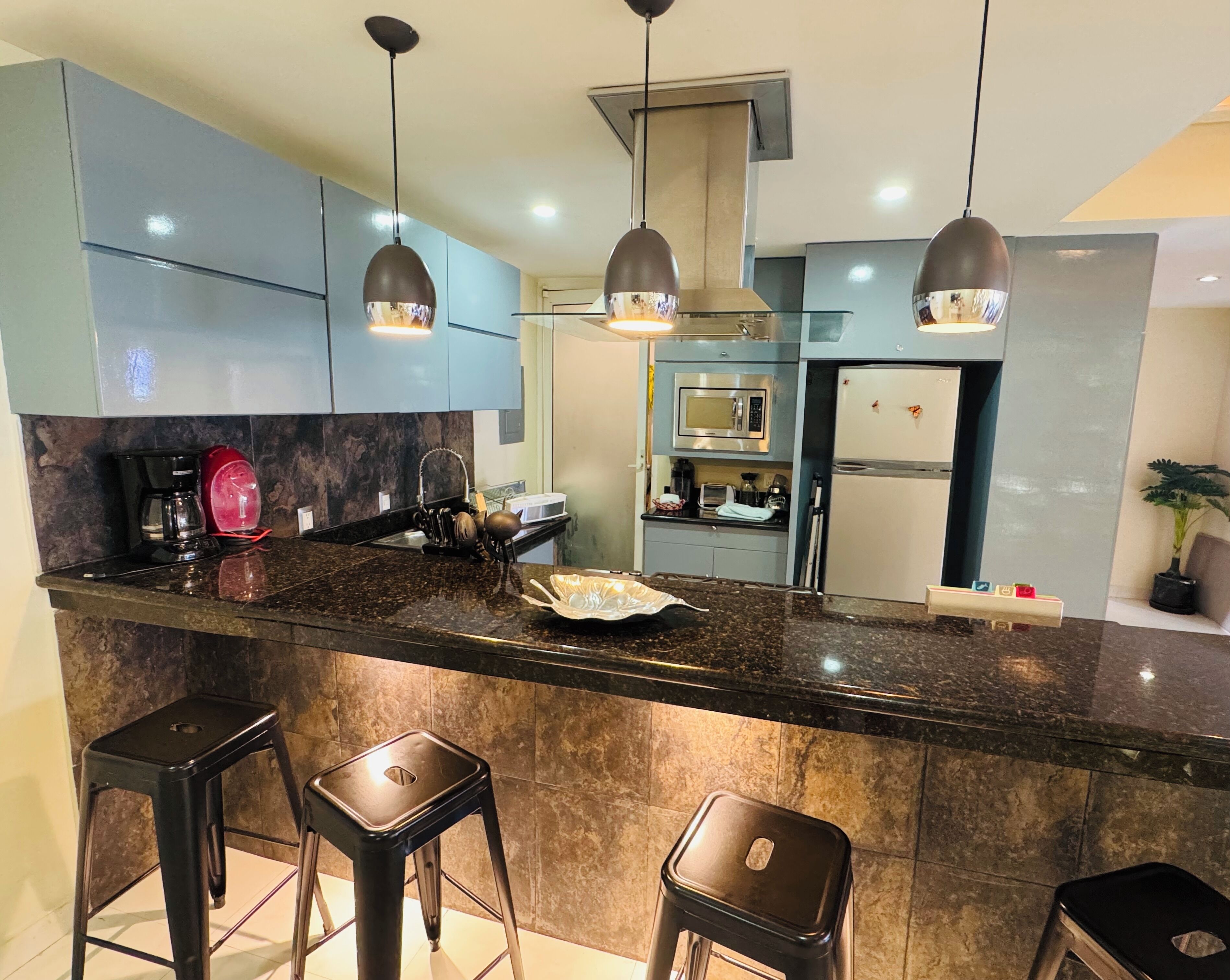 Geladeira, micro-ondas, cooktop, lava-louças