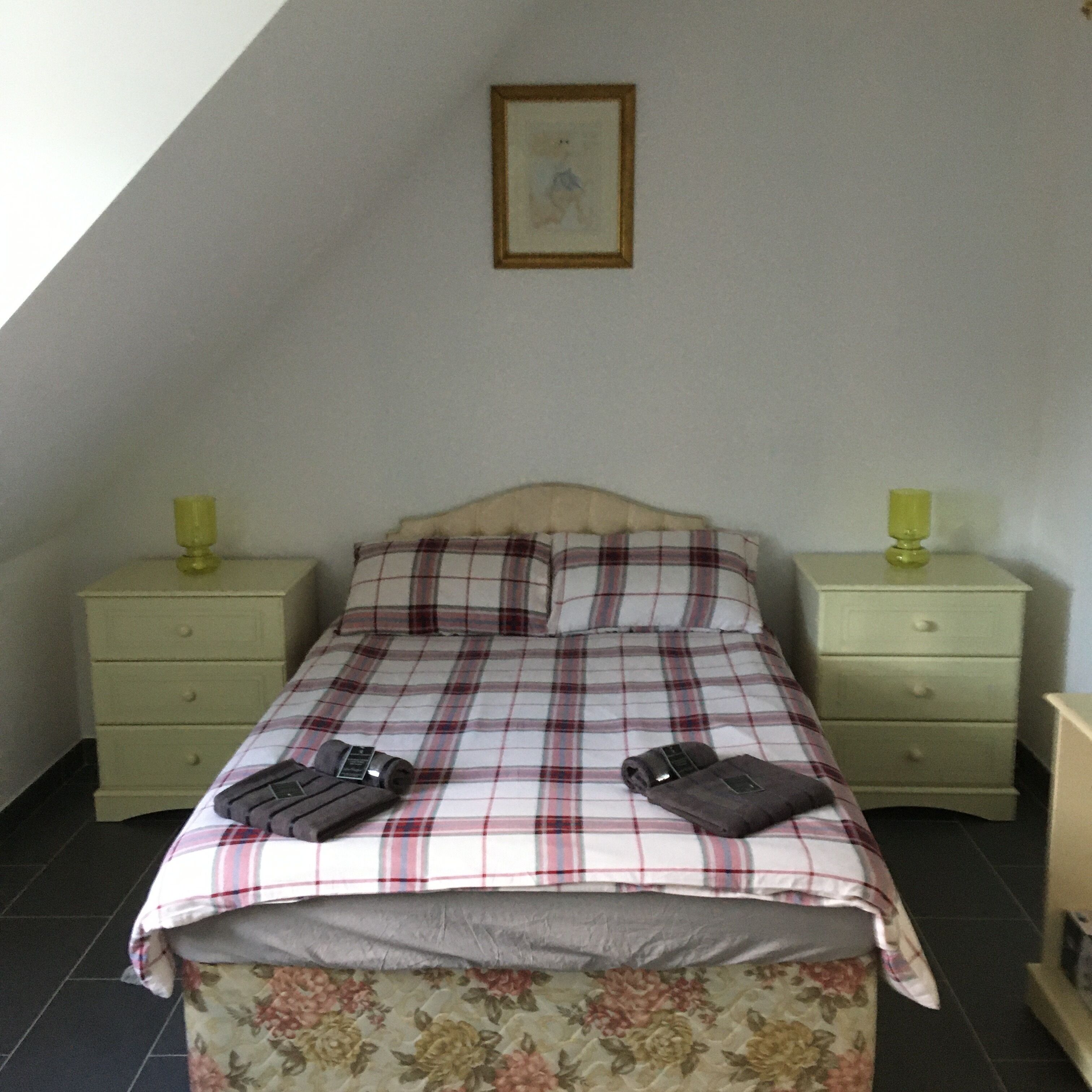 A bedroom with a bed, two nightstands, a framed picture on the wall, and a window.