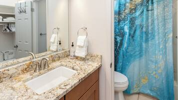 Tina con regadera, secadora de cabello, toallas, papel de baño