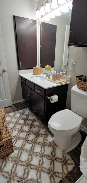 Combined shower/bathtub, hair dryer, towels, soap