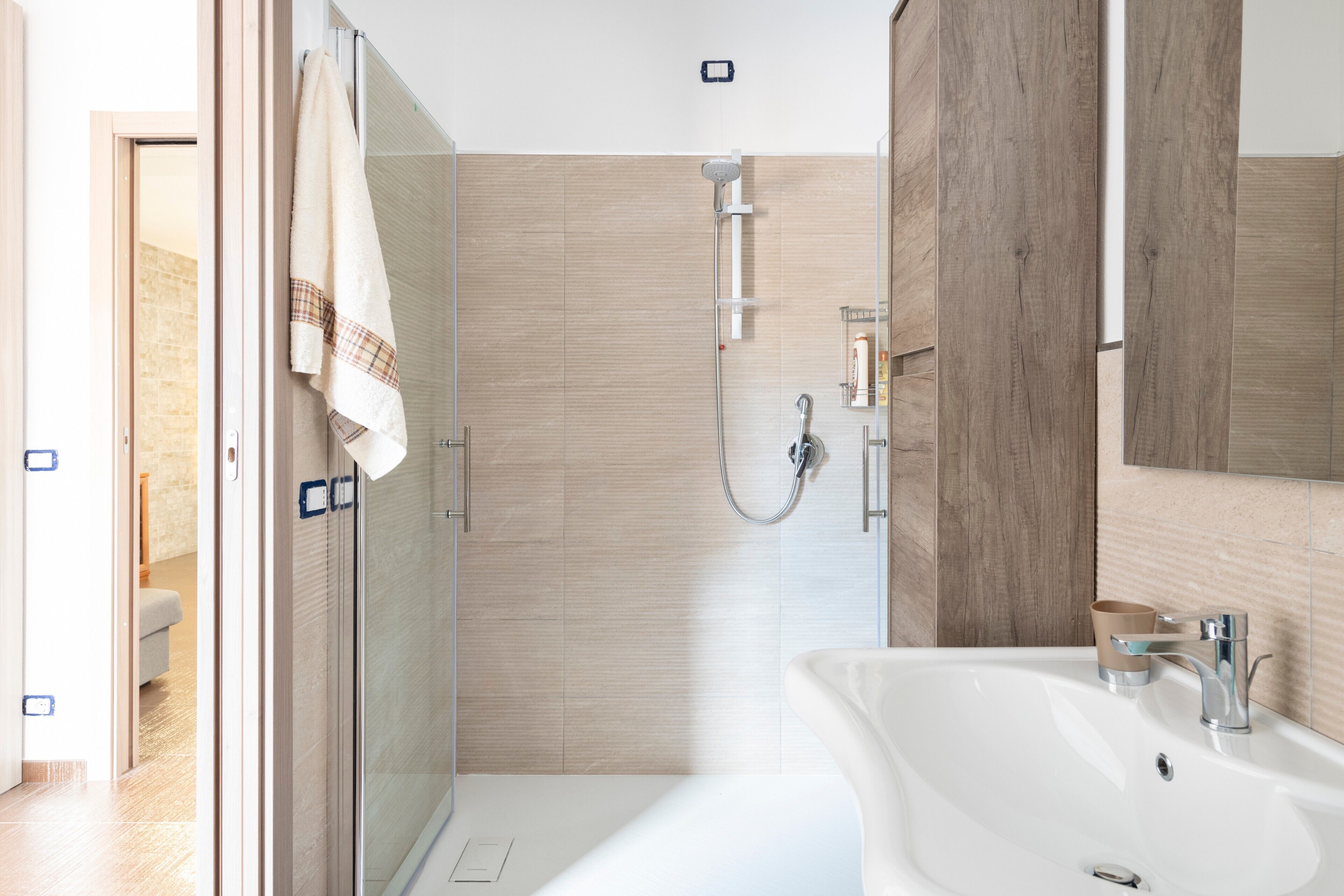 Shower, hair dryer, towels