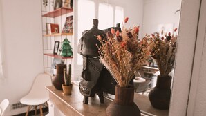 A room with a wooden counter, a mirror, and a vase with dried flowers. There is a cactus in a pot on the counter. - Large charming apartment in the heart of Nîmes with spectacular rooftop, garage (Nîmes)