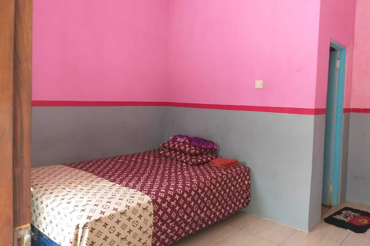 A small bedroom with a single bed, pink walls, and a blue door.