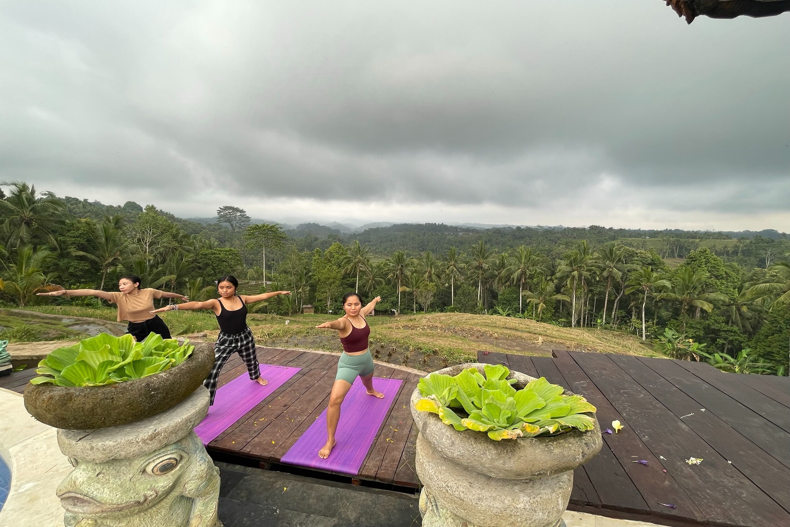 Three people practicing yoga on a wooden deck with purple mats, overlooking a lush landscape.