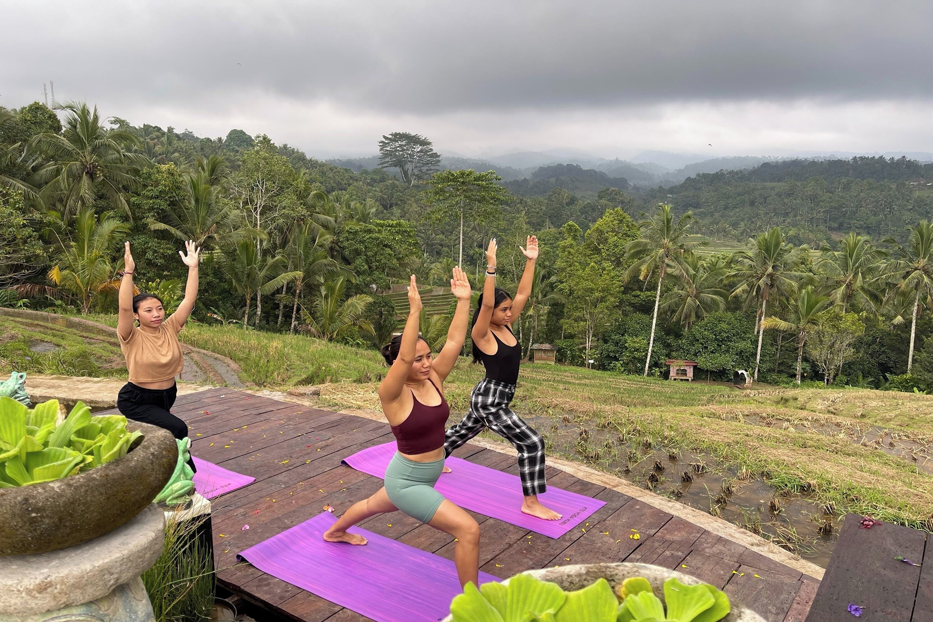 A group of people performing yoga on a wooden deck with purple mats, surrounded by lush greenery and a mountainous landscape.