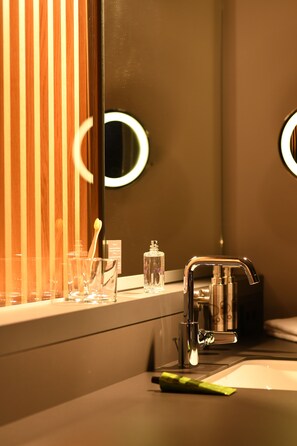 Shower, rainfall showerhead, hair dryer, bathrobes
