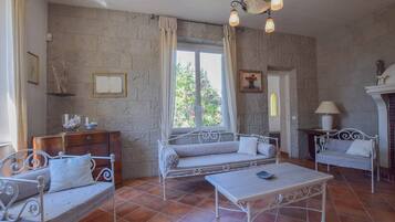 Televisie, een open haard, een dvd-speler en boeken