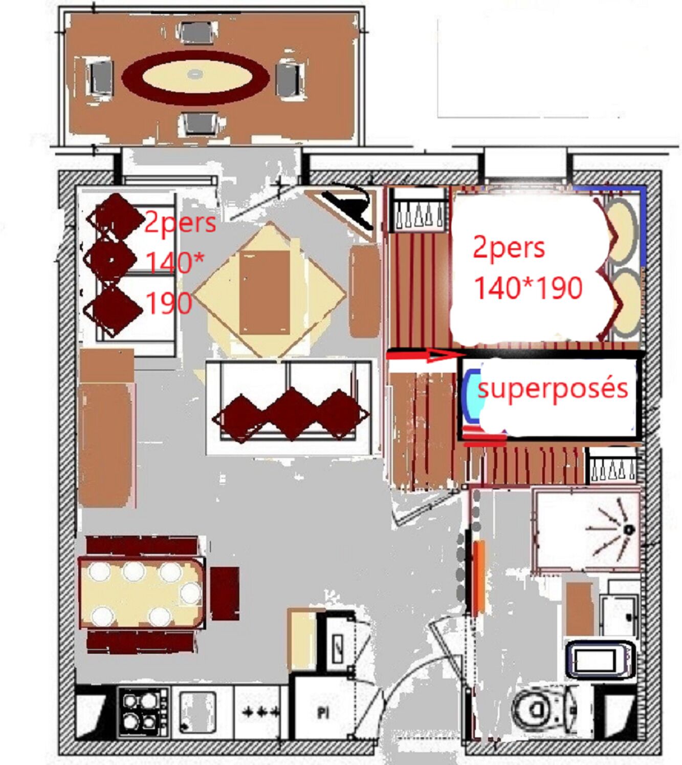 Een plattegrond van een hotel met tweepersoonskamers, een eetruimte en een keuken.