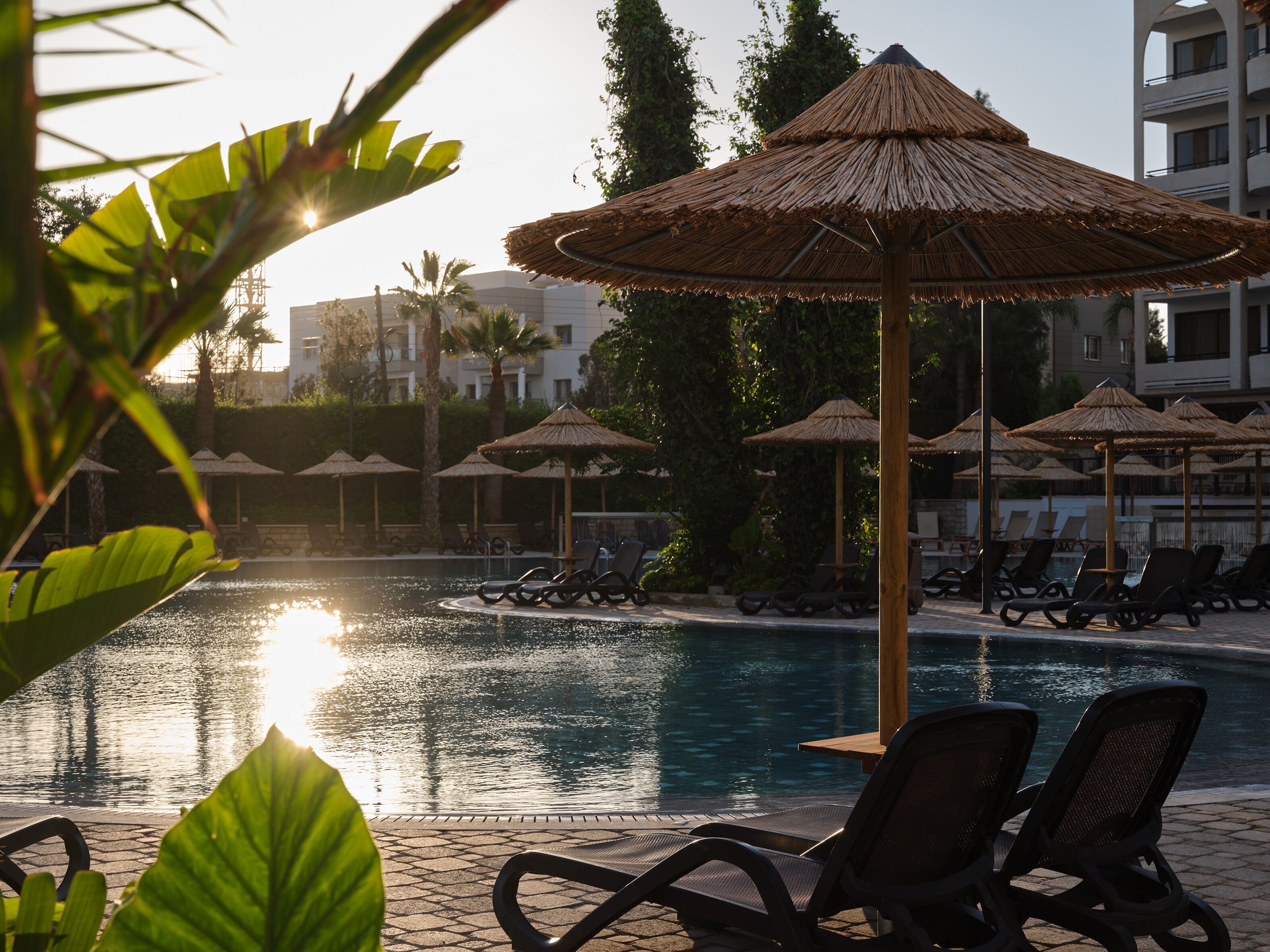 Zona de piscina con sillas de descanso y sombrillas de paja, rodeada de follaje y un edificio al fondo.