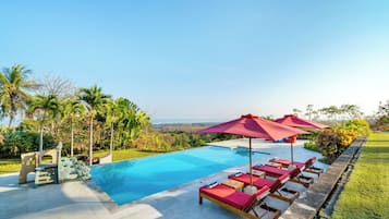 Outdoor pool, pool umbrellas, pool loungers