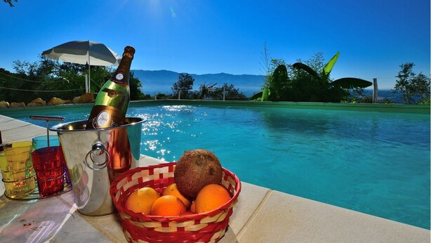 A poolside setting with a bottle of champagne, a basket of fruit, and a drink in a glass. - COUNTRY RESORT THE ASH (Toscana)