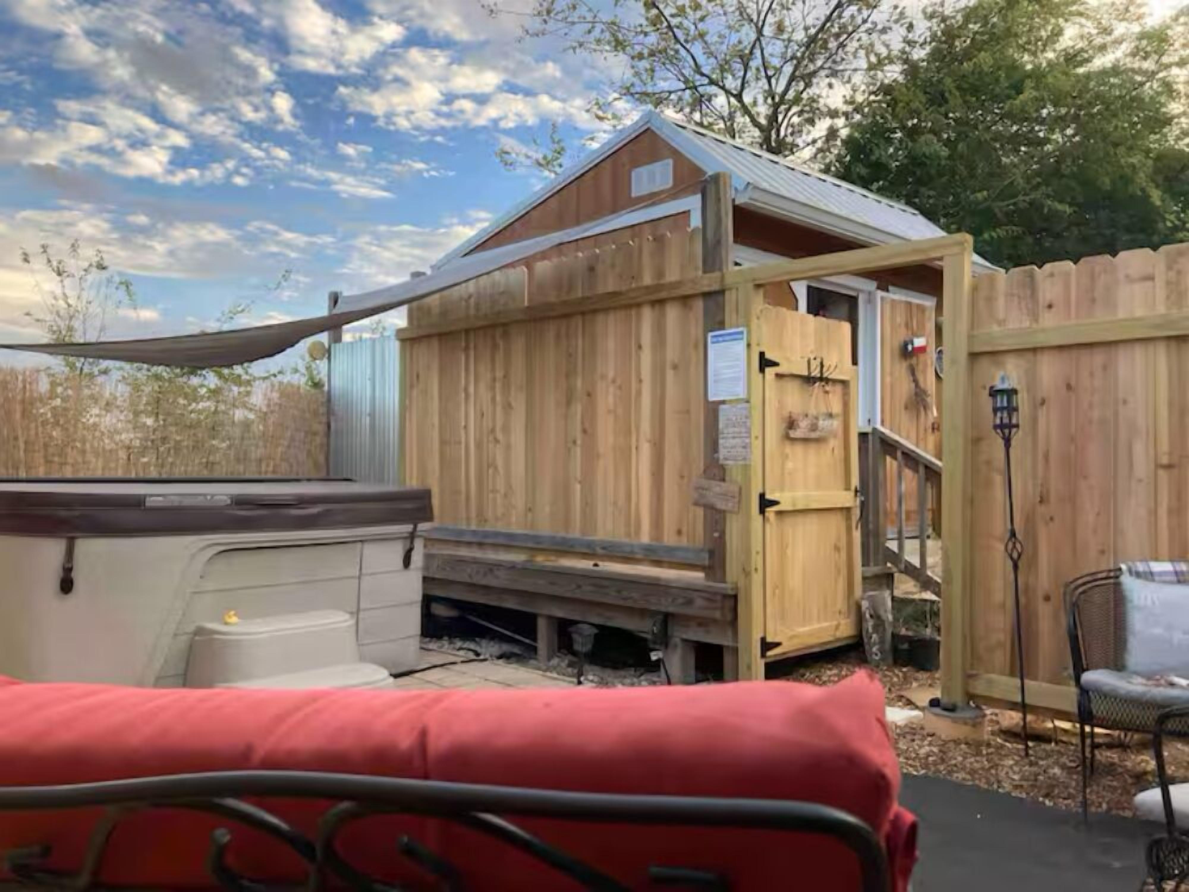 Private hot tub area for your romantic escape.  Place"occupied" sign on gate 