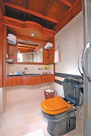 Une petite salle de bain avec un meuble-lavabo en bois, un évier, un miroir et des toilettes avec un abattant orange.