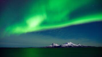 A night sky with the Northern Lights over a mountainous landscape.
