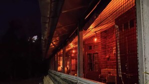 A building with a metal fence and a window with a view of the interior.