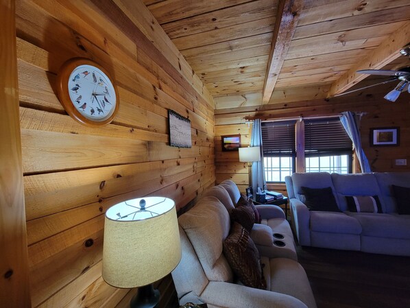 Smart TV, fireplace, books, stereo