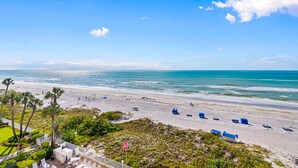 Een strand met heldere lucht, palmbomen en uitzicht op de oceaan.