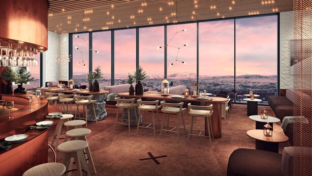 Un interior moderno con ventanas amplias, una zona de bar y diferentes disposiciones de asientos.