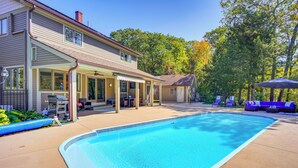 A two-story house with a swimming pool, covered patio, and outdoor furniture. - 1 Mi to Okemo Mtn Resort: Ludlow Home w/ Hot Tub (Ludlow)