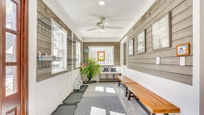 A hallway with a wooden bench, a ceiling fan, and a potted plant. - 1 Mi to Okemo Mtn Resort: Ludlow Home w/ Hot Tub (Ludlow)