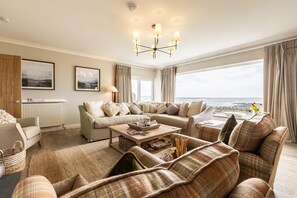 TV, fireplace, books