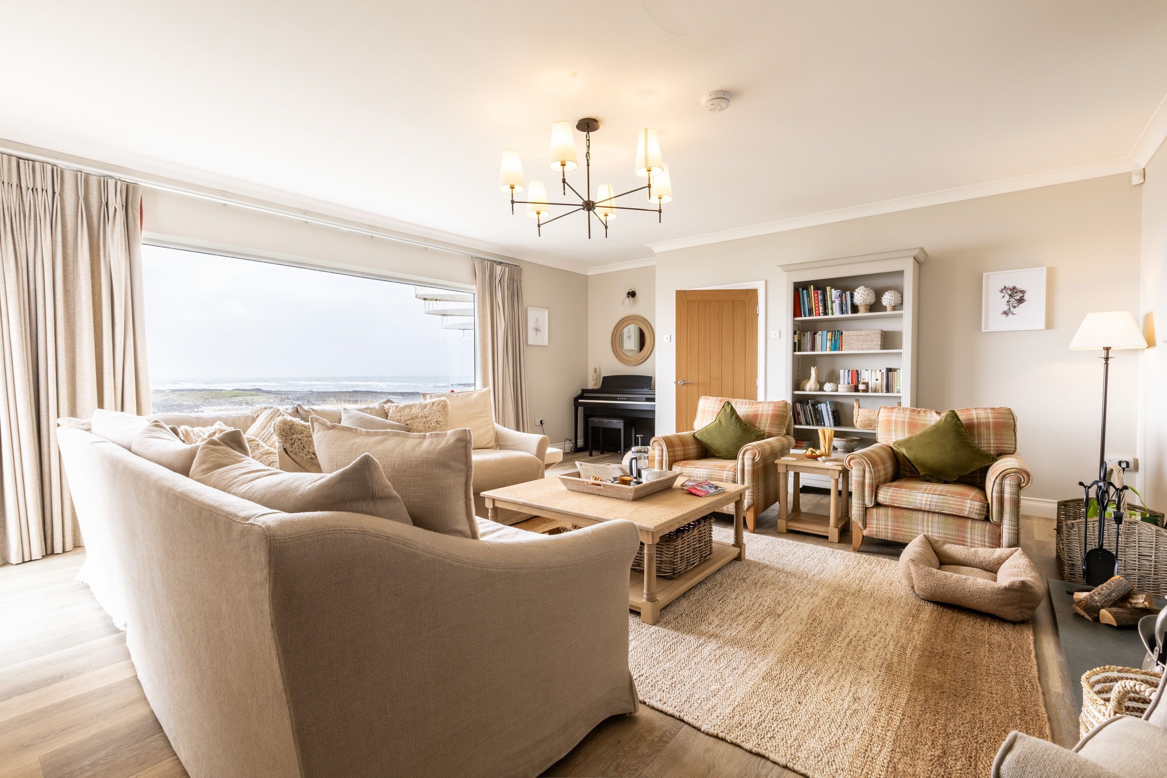 TV, fireplace, books