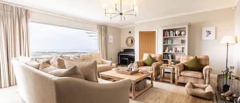 A spacious living room with a large window, a fireplace, and a bookshelf.