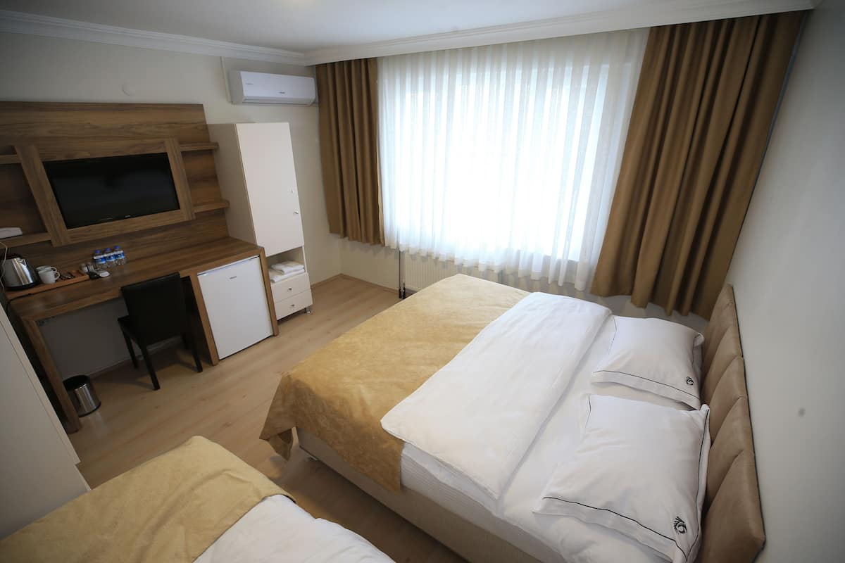 Habitación de hotel con dos camas, un escritorio, un televisor y una ventana con cortinas.